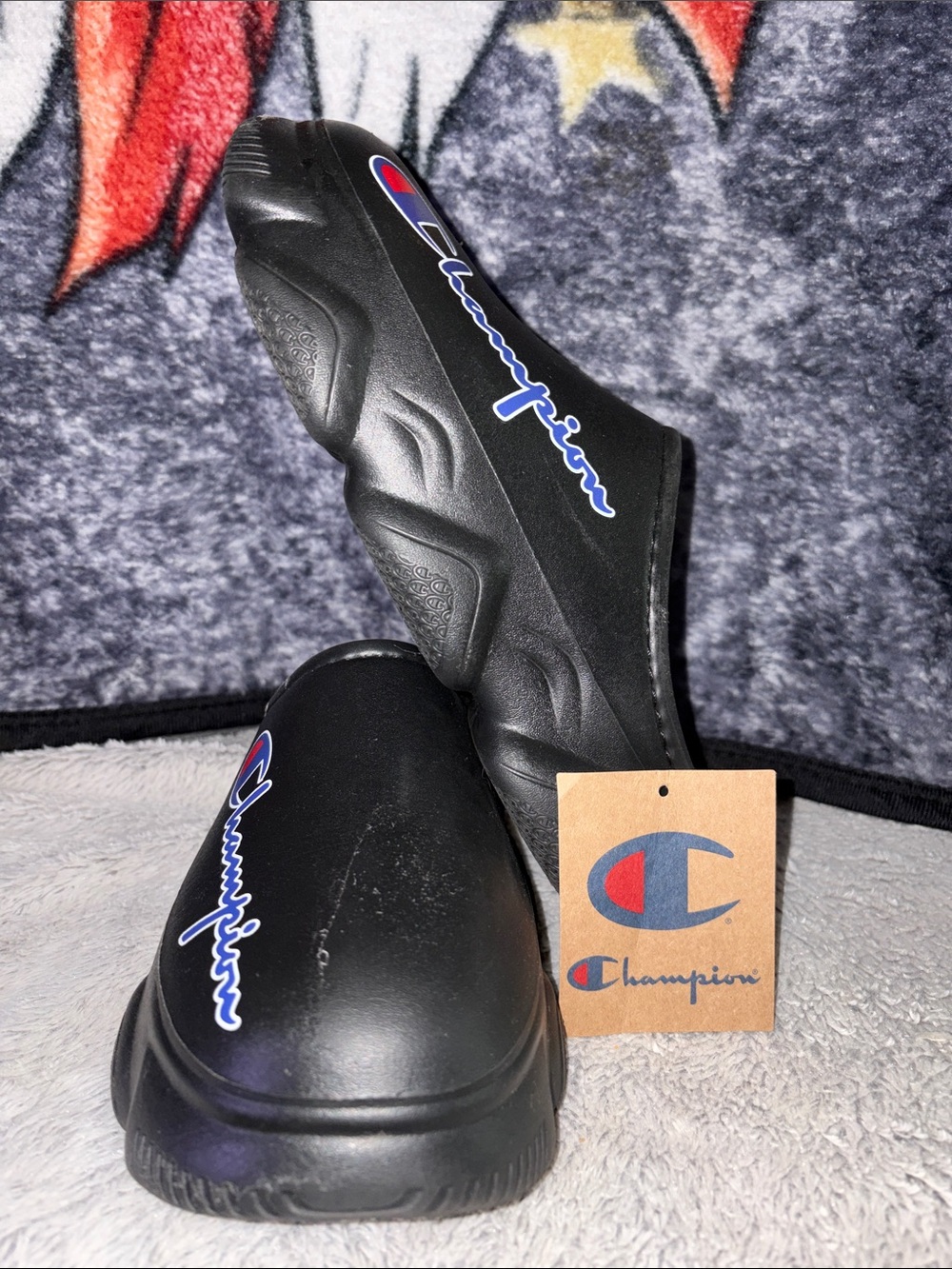Champion Black Slide Sandals with Blue & Red Logo